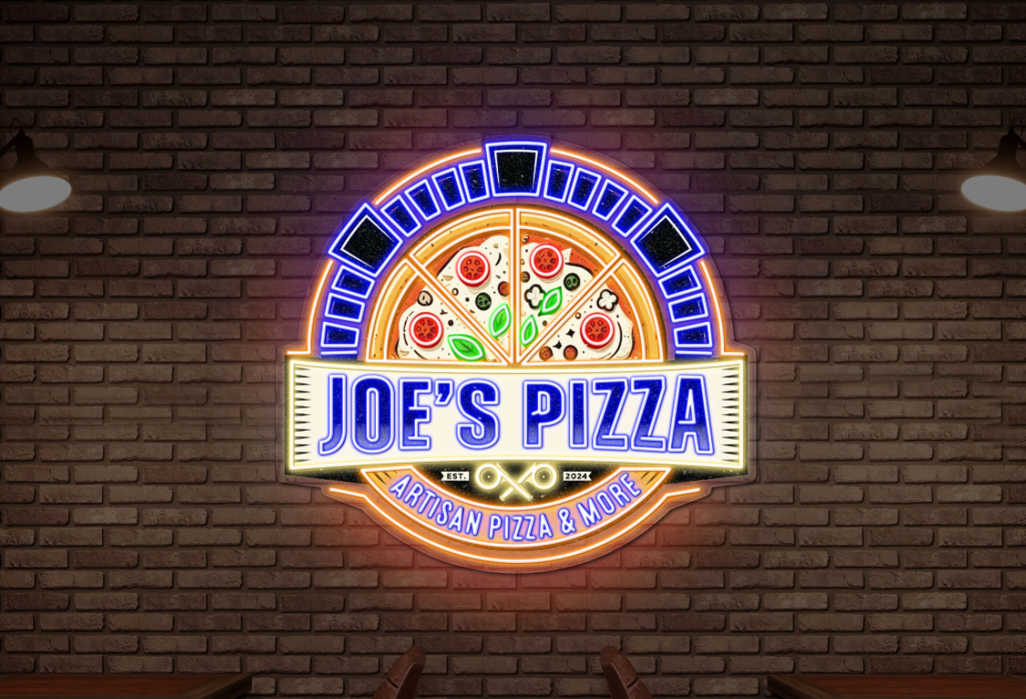 Joe's Pizza neon sign on brick wall